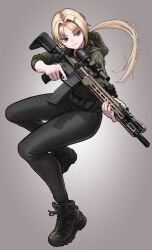 Rule 34 | 1girl, absurdres, ar-15, black pants, blonde hair, c-clamp, closed mouth, commentary, commission, cross-laced footwear, full body, gradient background, green footwear, green hoodie, gun, hair ornament, hairclip, highres, holding, holding gun, holding weapon, hood, hoodie, long hair, nyo551, original, pants, pink nails, ponytail, purple eyes, rifle, scope, shoes, simple background, skeb commission, sneakers, solo, trigger discipline, weapon