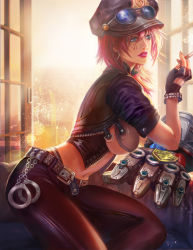Rule 34 | 1girl, alternate costume, belt, black gloves, blue eyes, breasts, cigarette, couch, cuffs, earrings, eyewear on head, fan yang (jiuge), fingerless gloves, gauntlets, gloves, handcuffs, hat, jacket, jewelry, large breasts, league of legends, leaning forward, lipstick, machinery, makeup, medium breasts, midriff, navel, no bra, nose piercing, officer vi, open clothes, open jacket, pants, parted lips, piercing, pink hair, police, police hat, police uniform, policewoman, roman numeral, short hair, sideboob, sitting, skin tight, solo, sunglasses, sunglasses on hat, thong, underboob, uniform, unzipped, vi (league of legends), window