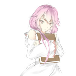 Rule 34 | 1girl, aerlai, bare shoulders, book, cosplay, detached sleeves, final fantasy, guilty crown, highres, hood, hood down, long hair, pink hair, red eyes, solo, twintails, white mage (final fantasy), white mage (final fantasy) (cosplay), yuzuriha inori