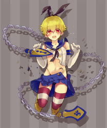 Rule 34 | 1boy, bow, censored, chain, child, child gilgamesh (fate), convenient censoring, cosplay, crossdressing, crossover, elbow gloves, fate/hollow ataraxia, fate (series), gilgamesh (fate), gloves, hair bow, jumping, kantai collection, male focus, midriff, momoayamo, school uniform, serafuku, shimakaze (kancolle), shimakaze (kancolle) (cosplay), shirt, slit pupils, solo, striped clothes, striped thighhighs, thighhighs, torn clothes, torn shirt, trap
