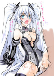 Rule 34 | 10s, 1boy, 1girl, bare shoulders, black heart (neptunia), blush, breasts, censored, cleavage, cleavage cutout, clothing aside, clothing cutout, cum, cum in pussy, elbow gloves, girl on top, gloves, heart, heart-shaped pupils, hetero, large breasts, leotard, leotard aside, long hair, missionary, neptune (series), noire (neptunia), open mouth, penis, ribimura, sex, solo focus, spread legs, straddling, sweat, symbol-shaped pupils, thighhighs, twintails, twintails day, upright straddle, vaginal, very long hair, white hair