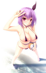 Rule 34 | 1girl, artist request, ayane (doa), ball, breasts, dead or alive, dead or alive xtreme beach volleyball, female focus, from above, holding, holding ball, large breasts, looking at viewer, looking up, purple hair, smile, solo, v, volleyball (object)