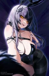 Rule 34 | 1girl, :p, absurdres, asymmetrical legwear, black choker, black dress, black hair, breasts, choker, cleavage, dress, grey hair, hair ornament, highleg, highleg leotard, highres, hololive, hololive english, large breasts, leotard, looking at viewer, mismatched legwear, multicolored hair, nontraditional playboy bunny, playboy bunny, shiori novella, shiori novella (1st costume), smile, solo, split-color hair, strapless, strapless leotard, tofuubear, tongue, tongue out, two-tone hair, virtual youtuber, yellow eyes, yorick (shiori novella)