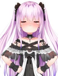 Rule 34 | 1girl, bare shoulders, black dress, blush, closed eyes, closed mouth, collarbone, dress, earrings, facing viewer, hands on own hips, highres, hololive, jewelry, k mugura, long hair, off-shoulder dress, off shoulder, pink hair, see-through, simple background, solo, tears, two side up, upper body, uruha rushia, uruha rushia (3rd costume), very long hair, virtual youtuber, white background, wrist cuffs