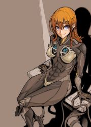 Rule 34 | 1girl, abs, absurdres, commentary request, cyborg, full body, glowing, hair between eyes, highres, long hair, looking at viewer, mechanical, orange hair, original, purple eyes, shindol, simple background, sitting, smile, solo, thighs, wire