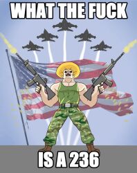 Rule 34 | 1boy, aircraft, airplane, american flag, blonde hair, boots, capcom, english text, firing, guile, gun, highres, legs, meme, military uniform, open mouth, pants, pointy hair, solo, street fighter, thighs, uniform, weapon
