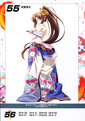 Rule 34 | 1girl, back, breasts, brown eyes, brown hair, covering privates, covering breasts, fatal fury, floral print, hair ornament, hand fan, highres, izumi mahiru, japanese clothes, kimono, large breasts, long hair, looking at viewer, looking back, ninja, non-web source, official art, ponytail, queen&#039;s blade, queen&#039;s gate, scan, shiranui mai, simple background, solo, the king of fighters, topless