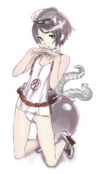 Rule 34 | 10s, 1girl, black hair, diving mask, diving mask on head, goggles, goggles on head, interlocked fingers, jar, jpeg artifacts, kantai collection, kneeling, maru-yu (kancolle), nishieda, octopus, one-piece swimsuit, school swimsuit, short hair, solo, swimsuit, tentacles, white school swimsuit, white one-piece swimsuit