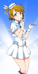 Rule 34 | 10s, 1girl, brown hair, earrings, fingerless gloves, gloves, hand to own mouth, hat, hat feather, hat ribbon, jewelry, kidachi, koizumi hanayo, looking at viewer, love live!, love live! school idol project, pleated skirt, ribbon, sailor collar, short hair, short sleeves, skirt, smile, solo, white gloves, wonderful rush