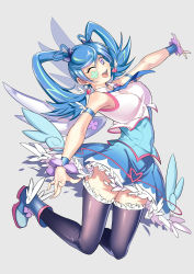Rule 34 | 1girl, absurdres, blue angel, blue hair, blush, boots, breasts, curvy, female focus, full body, happy, heiqi (sharpface), highres, large breasts, looking at viewer, one eye closed, purple eyes, see-through, smile, solo, twintails, wink, yu-gi-oh!, yuu-gi-ou, yuu-gi-ou vrains, zaizen aoi