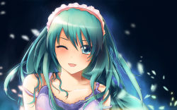 Rule 34 | 1girl, ;d, alternate hairstyle, aqua eyes, aqua hair, bare shoulders, collarbone, dress, dxlsmax (lizhimin), green eyes, green hair, hair down, hatsune miku, headband, lizhimin, looking at viewer, matching hair/eyes, one eye closed, open mouth, petals, portrait, smile, solo, vocaloid, wallpaper, wink