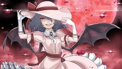 Rule 34 | 1girl, alternate costume, blood, collar, dress, frills, gloves, grey hair, half-closed eyes, hat, highres, kawayabug, looking at viewer, moon, one eye covered, pink hat, puffy short sleeves, puffy sleeves, red eyes, red moon, remilia scarlet, short sleeves, smile, solo, touhou, upper body, white gloves, wings