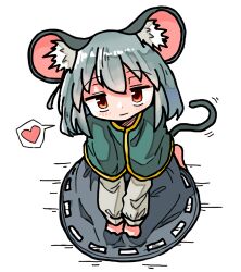 Rule 34 | 1girl, animal ears, barefoot, blush, capelet, closed mouth, commentary request, dot nose, green capelet, grey hair, grey shirt, grey skirt, hands on own knees, hatching (texture), heart, kasuya baian, linear hatching, long sleeves, looking at viewer, mouse ears, mouse girl, mouse tail, nazrin, on ground, red eyes, seiza, shirt, simple background, sitting, skirt, solo, striped capelet, tail, tail wagging, touhou, white background