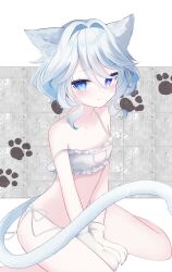 Rule 34 | 1girl, animal ears, animal hands, between legs, blue eyes, blue hair, bra, breasts, cat cutout, cat ears, cat girl, cat lingerie, cat tail, cleavage cutout, clothing cutout, furina (genshin impact), genshin impact, gloves, gradient hair, hand between legs, highres, kemonomimi mode, light blue hair, looking at viewer, meme attire, multicolored hair, ne61, panties, paw gloves, paw print, paw print background, short hair, simple background, sitting, small breasts, strap slip, string panties, tail, underwear, wariza, white bra, white hair