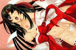 Rule 34 | 1girl, black hair, blush, breasts, female focus, japanese clothes, miko, nipples, open mouth, purple eyes, pussy, queen&#039;s blade, solo, tomoe (queen&#039;s blade), wince