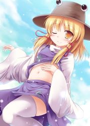 Rule 34 | 1girl, animal print, belly, blue sky, blush, clothes lift, cloud, day, female focus, frog print, hair ribbon, hat, highres, long sleeves, looking at viewer, lzh, midriff, moriya suwako, navel, one eye closed, ribbon, shirt, shirt lift, skirt, skirt set, sky, smile, snowing, solo, thighhighs, touhou, vest, white thighhighs, wide sleeves, wink, yellow eyes, zettai ryouiki