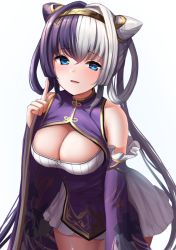 Rule 34 | 1girl, azur lane, blue eyes, blush, breasts, chinese clothes, cleavage, cleavage cutout, clothing cutout, detached sleeves, hair rings, index finger raised, large breasts, long hair, looking at viewer, manda (manda9n), multicolored hair, purple hair, simple background, solo, thighs, twintails, two-tone hair, white background, white hair, ying swei (azur lane)