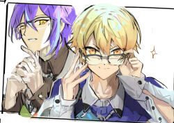 Rule 34 | 2boys, adjusting eyewear, blonde hair, blue hair, blue sweater vest, brown shirt, closed mouth, collared shirt, glasses, hands up, kamishiro rui, looking at viewer, multicolored hair, multiple boys, project sekai, purple hair, pyongtaro, shirt, simple background, smile, streaked hair, sweater vest, tenma tsukasa, white background, yellow eyes