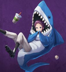 Rule 34 | 1girl, absurdres, animal costume, ball, baseball uniform, black footwear, blue eyes, cup, disposable cup, dorohedoro, drinking straw, ebisu (dorohedoro), feet out of frame, floating, floating object, grin, highres, ikoi (locker-neo), kneehighs, long sleeves, looking at viewer, pants, pants tucked in, purple hair, shark costume, shoe soles, shoes, short hair, smile, socks, solo, sportswear, stitches