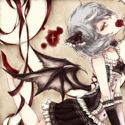 Rule 34 | 1girl, alternate costume, ascot, bat wings, black rose, blood, blood stain, blue hair, bow, brooch, choker, collarbone, commentary request, dress, elbow gloves, flower, frilled dress, frilled gloves, frills, gloves, gothic lolita, hair bow, hair ornament, high heels, jewelry, kyuumoto kuku, lolita fashion, looking at viewer, no headwear, red eyes, red footwear, remilia scarlet, ribbon, rose, shoes, solo, thorns, touhou, vampire, wings