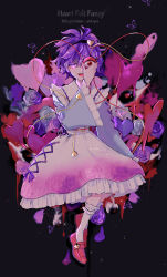 Rule 34 | black hairband, blouse, blue shirt, bobby socks, bug, butterfly, buttons, covering one eye, eyeball, floral print, flower, frilled shirt collar, frilled skirt, frilled sleeves, frills, gradient skirt, hair ornament, hairband, heart, heart-shaped pupils, heart button, heart hair ornament, highres, insect, komeiji satori, long skirt, long sleeves, looking at viewer, messy hair, multicolored clothes, multicolored skirt, pink flower, pink rose, pink skirt, purple eyes, purple flower, purple hair, purple rose, red footwear, ribbon-trimmed collar, ribbon trim, ringocha, rose, rose print, shirt, short hair, skirt, socks, symbol-shaped pupils, third eye, touhou, white flower, white rose, wide sleeves