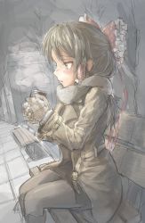 Rule 34 | 1girl, bench, black hair, black pantyhose, black skirt, blush, bow, brown coat, brown mittens, can, canned coffee, coat, commentary request, cookie (touhou), drink can, enpera, feet out of frame, frilled bow, frills, grey scarf, hair bow, hair tubes, hakurei reimu, highres, long hair, long sleeves, mittens, office lady, open mouth, pantyhose, pencil skirt, red bow, sananana (cookie), scarf, sitting, skirt, solo, touhou, yellow eyes, yma