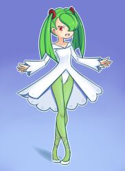 Rule 34 | 1girl, ballerina, blue background, blush, collarbone, creatures (company), drantyno, dress, flat chest, game freak, gen 3 pokemon, green hair, green pantyhose, hair ornament, hair over one eye, highres, kirlia, leotard, long hair, long sleeves, looking at viewer, nintendo, open mouth, pantyhose, personification, pokemon, red eyes, shoes, smile, standing, teeth, twintails, white dress, white footwear, white leotard