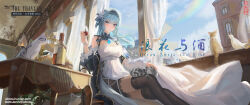 Rule 34 | 1girl, alternate costume, bird, black hairband, blue hair, bottle, building, cat, chair, chandelier, cup, curtains, detached sleeves, dress, drinking glass, eula (genshin impact), from below, genshin impact, hair ornament, hairband, highres, indoors, kitten, medium hair, multicolored eyes, open window, sitting, sky, table, thighhighs, thighs, wboss, white dress, window, wine glass
