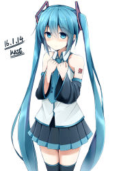 Rule 34 | 10s, 1girl, 2016, aqua eyes, aqua hair, artist name, cowboy shot, dated, detached sleeves, hands on own chest, hatsune miku, highres, kaieee, long hair, necktie, simple background, skirt, solo, thighhighs, twintails, very long hair, vocaloid, white background
