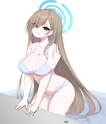 Rule 34 | 1girl, \||/, absurdres, aqua eyes, asuna (blue archive), bare arms, bare shoulders, bikini, blue archive, breasts, brown hair, cleavage, collarbone, commentary request, cowboy shot, dated, eyes visible through hair, forehead, halo, highres, large breasts, long hair, looking at viewer, mole, mole on breast, o2h2 oh4, open mouth, parted bangs, simple background, smile, solo, swimsuit, teeth, thighs, very long hair, wading, white background, white bikini