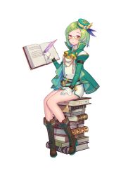 Rule 34 | 1girl, belt, book, book stack, boots, braid, breasts, brown eyes, brown footwear, cross-laced footwear, detached sleeves, dress, floating, floating object, glasses, gloves, green hair, hat, holding, knee boots, lace-up boots, long sleeves, looking at viewer, multiple belts, official art, open book, puffy sleeves, quill, short dress, sitting, small breasts, solo, tenshi mikadokuni, white gloves, writing
