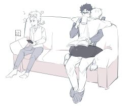 Rule 34 | 3boys, ass, book, cellphone, coffee mug, couch, couple, cup, dio brando, earphones, father and son, giorno giovanna, highres, holding, holding book, holding cup, holding phone, jojo no kimyou na bouken, jonathan joestar, long hair, mug, multiple boys, pants, phone, short hair, sitting, sitting on lap, sitting on person, slippers, smartphone, vento aureo, xiaoming (724536206), yaoi