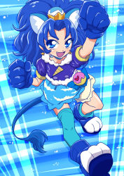 Rule 34 | 10s, 1girl, :d, animal ears, arm up, blue background, blue eyes, blue footwear, blue gloves, blue hair, blue neckwear, blue shirt, blue skirt, blue theme, blue thighhighs, choker, clenched hand, crown, cure gelato, dengeki gx, extra ears, gloves, highres, kirakira precure a la mode, layered skirt, lion ears, lion tail, long hair, looking at viewer, magical girl, mini crown, open mouth, plaid, plaid background, precure, shirt, shoes, single thighhigh, skirt, smile, solo, tail, tategami aoi, thighhighs, white skirt