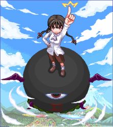Rule 34 | 1girl, braid, brown eyes, brown hair, cloud, day, evil eye sigma, hand on own hip, long hair, lowres, outdoors, pixel art, pointing, pointing up, rika (touhou), shorts, sky, smile, solo, touhou, touhou (pc-98), unk kyouso, wings