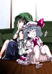 Rule 34 | 2girls, ascot, back-to-back, barefoot, bloomers, bobby socks, brooch, detached sleeves, fangs, female focus, flying sweatdrops, frog hair ornament, green eyes, green hair, grin, hair ornament, hand on own face, hat, hat ribbon, jewelry, knees up, kochiya sanae, leaning on person, light purple hair, long hair, looking at another, looking back, makaizou (yawo87), mob cap, multiple girls, no shoes, on floor, red eyes, remilia scarlet, ribbon, short hair, sitting, skirt, skirt set, smile, snake, socks, touhou, underwear, wink, wooden floor