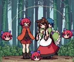 Rule 34 | 4girls, anger vein, animal ears, animated, animated gif, bamboo, bamboo forest, blue eyes, blue hair, brown hair, bush, carrying, commentary, disembodied head, falling, fang, forest, grass root youkai network, imaizumi kagerou, inaba mob (touhou), inaba tewi, isu (is88), jump rope, jumping, long hair, lowres, mermaid, monster girl, multiple girls, multiple heads, mundane utility, nature, piggyback, pixel art, pleated skirt, prank, princess carry, rabbit, red eyes, red hair, rope, sekibanki, sekibanki day, shirt, short hair, skirt, tail, touhou, tripping, very long hair, wakasagihime, wolf ears, wolf tail
