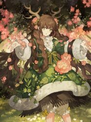 Rule 34 | 1girl, :o, animal on arm, antlers, bird, bird on arm, bloomers, bow, braid, brown hair, bush, choppy bangs, clover (flower), double bun, dress, dress flower, feet out of frame, floral print, flower, fringe trim, fur-trimmed dress, fur-trimmed sleeves, fur trim, grass, green dress, green eyes, hair bun, hair flower, hair flowing over, hair ornament, horns, layered dress, leaf, long hair, long sleeves, looking at viewer, original, outdoors, outstretched arms, pink flower, side braids, solo, standing, starshadowmagician, tree, underwear, waist bow, wavy hair, white flower
