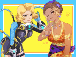 Rule 34 | 2girls, animification, apex legends, armlet, belt, bikini, black bodysuit, blue border, blue gloves, bodysuit, border, bow, breasts, brown eyes, brown hair, brown lips, cable, catalyst (apex legends), cleavage, collarbone, diving suit, earrings, fingerless gloves, flower, gloves, gold choker, grey belt, hair behind ear, hair bow, hair bun, hair flower, hair ornament, heart, jewelry, light brown hair, lipstick, loba (apex legends), looking at viewer, makeup, mask, mask around neck, medium breasts, multicolored hair, multiple girls, nail polish, official alternate costume, one eye closed, orange bikini, purple bow, purple flower, purple nails, purple sash, sash, shell, shell earrings, short hair, signature, single hair bun, small breasts, smile, stellar swimwear catalyst, swimsuit, thigh strap, trouble in paradise loba, two-tone hair, uixy, wetsuit, white gloves, yellow eyes