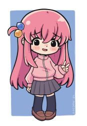 Rule 34 | 1girl, 2024, artist name, black thighhighs, blue background, blush stickers, bocchi the rock!, border, brown footwear, chibi, commentary, cube hair ornament, gotoh hitori, grey skirt, hair ornament, jacket, long hair, long sleeves, one side up, pink hair, pink jacket, pleated skirt, sidelocks, skirt, small sweatdrop, smile, solo, standing, thick outlines, thighhighs, track jacket, v, white border, zipper, zozoru