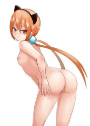 Rule 34 | 1girl, alisa southerncross, animal ears, ass, breasts, cat ears, cleft of venus, hair bobbles, hair ornament, justeeeeth, keroro gunsou, leaning forward, long hair, looking back, nipples, orange hair, pussy, red eyes, simple background, solo, thighs, twintails, uncensored, white background