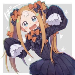 Rule 34 | + +, 1girl, :d, abigail williams (fate), alternate hairstyle, black bow, black dress, blonde hair, blue eyes, blush, bow, bug, butterfly, crossed bandaids, dress, fate/grand order, fate (series), grey background, hair bow, hands up, insect, long hair, long sleeves, looking at viewer, multiple hair bows, no headwear, open mouth, orange bow, parted bangs, polka dot, polka dot bow, sleeves past fingers, sleeves past wrists, smile, solo, sparkle, totatokeke, twintails, two-tone background, v-shaped eyebrows, very long hair, white background
