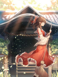Rule 34 | 1girl, bow, broom, brown hair, day, detached sleeves, closed eyes, from side, grass, hair bow, hair tubes, hakurei reimu, holding, holding broom, outdoors, peach camellia, red bow, red skirt, ribbon-trimmed sleeves, ribbon trim, shrine, sidelocks, skirt, socks, solo, standing, touhou, white socks