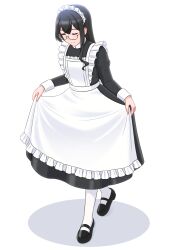 Rule 34 | 1girl, alternate costume, apron, black-framed eyewear, black dress, black footwear, black hair, closed eyes, closed mouth, dress, enmaided, frilled apron, frills, full body, geometrie, glasses, highres, kantai collection, long hair, long sleeves, maid, maid headdress, ooyodo (kancolle), pantyhose, shoes, simple background, smile, solo, white apron, white background, white pantyhose