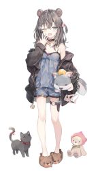 Rule 34 | 1girl, absurdres, ahoge, animal, animal ears, bare shoulders, bear ears, black hair, black jacket, blue shirt, blue shorts, blush, broken, broken chain, brown footwear, cat, chain, collar, commentary, controller, hair between eyes, hair ornament, hairclip, hand up, highres, holding, holding controller, holster, jacket, knife sheath, knife sheath, letter hair ornament, long hair, looking at viewer, momoko (momopoco), off shoulder, one eye closed, open clothes, open jacket, open mouth, original, pajamas, sandals, sheath, shirt, shorts, side ponytail, simple background, slippers, solo, spaghetti strap, studded collar, stuffed animal, stuffed toy, symbol-only commentary, teddy bear, thigh holster, thigh strap, white background, yawning