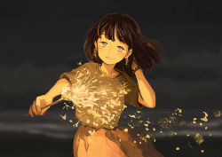 Rule 34 | 1girl, arm behind head, arm up, black hair, blunt bangs, blunt ends, blush, brown eyes, cowboy shot, dark, dark background, earrings, fireworks, floating hair, foreshortening, glowing, grin, hair behind ear, half-closed eyes, hand in own hair, hand up, high-waist skirt, holding, holding fireworks, jewelry, light particles, looking at viewer, medium hair, monaka (siromona), nail polish, no lineart, original, outdoors, outstretched arm, parted lips, red nails, shirt, shirt tucked in, short sleeves, skirt, smile, solo, sparkler, standing, watch, wristwatch