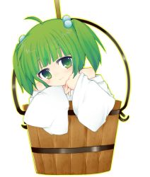 Rule 34 | 1girl, blush, bucket, bunsai, female focus, green eyes, green hair, hair bobbles, hair ornament, japanese clothes, kisume, long sleeves, matching hair/eyes, off shoulder, short hair, smile, solo, touhou, twintails, white background, wide sleeves
