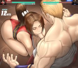 Rule 34 | 1boy, 1girl, :&gt;=, all fours, ass, blonde hair, blush, breasts, brown hair, cleavage, closed eyes, commentary, english commentary, erodrunky, fatal fury, fellatio, french text, from above, geese howard, hair ribbon, hair slicked back, health bar, hetero, highres, huge ass, large breasts, leotard, lips, long hair, muscular, muscular male, ninja, obi, oral, paid reward available, penis, ponytail, red leotard, ribbon, saliva, sash, shiranui mai, snk, sunken cheeks, the king of fighters, the king of fighters xv, thighs, thong leotard, topless male, uncensored, veins, veiny penis, w arms, wide hips