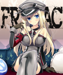 Rule 34 | 10s, 1girl, artist name, bismarck (kancolle), blonde hair, blue eyes, blush, breasts, crossed legs, detached sleeves, gloves, grey thighhighs, hat, kantai collection, large breasts, long hair, military, military hat, military uniform, motomiya mitsuki, personification, solo, thighhighs, uniform
