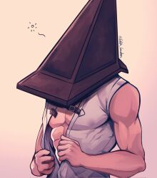 Rule 34 | 1boy, abs, bara, covered erect nipples, edith lanzhen, helmet, highres, large pectorals, male focus, muscular, muscular male, object head, open clothes, pectorals, pyramid head, silent hill (series), silent hill 2, simple background, solo, twitter username, upper body