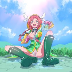 Rule 34 | 1girl, blue eyes, boots, bottomless, breasts, breasts out, gloves, highres, hong meiling, no panties, on ground, pink hair, pussy, raincoat, raincoatkappa, rubber boots, rubber gloves, rubber suit, breasts, sitting, smile, tagme, touhou, twintails, water, wet